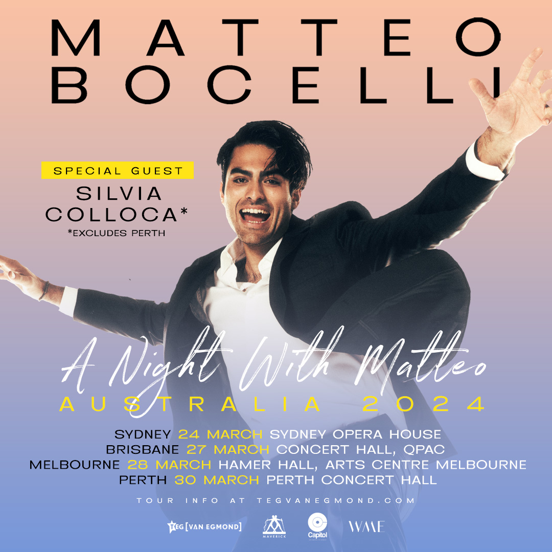 Australia! I’m delighted to announce that Silvia Colloca will be joining me for my Australian tour! It's always amazing when we get to share the stage, can't wait to do it again soon! 🎤 Silvia will be my guest in Sydney, Brisbane & Melbourne. Tickets at matteobocelli.it