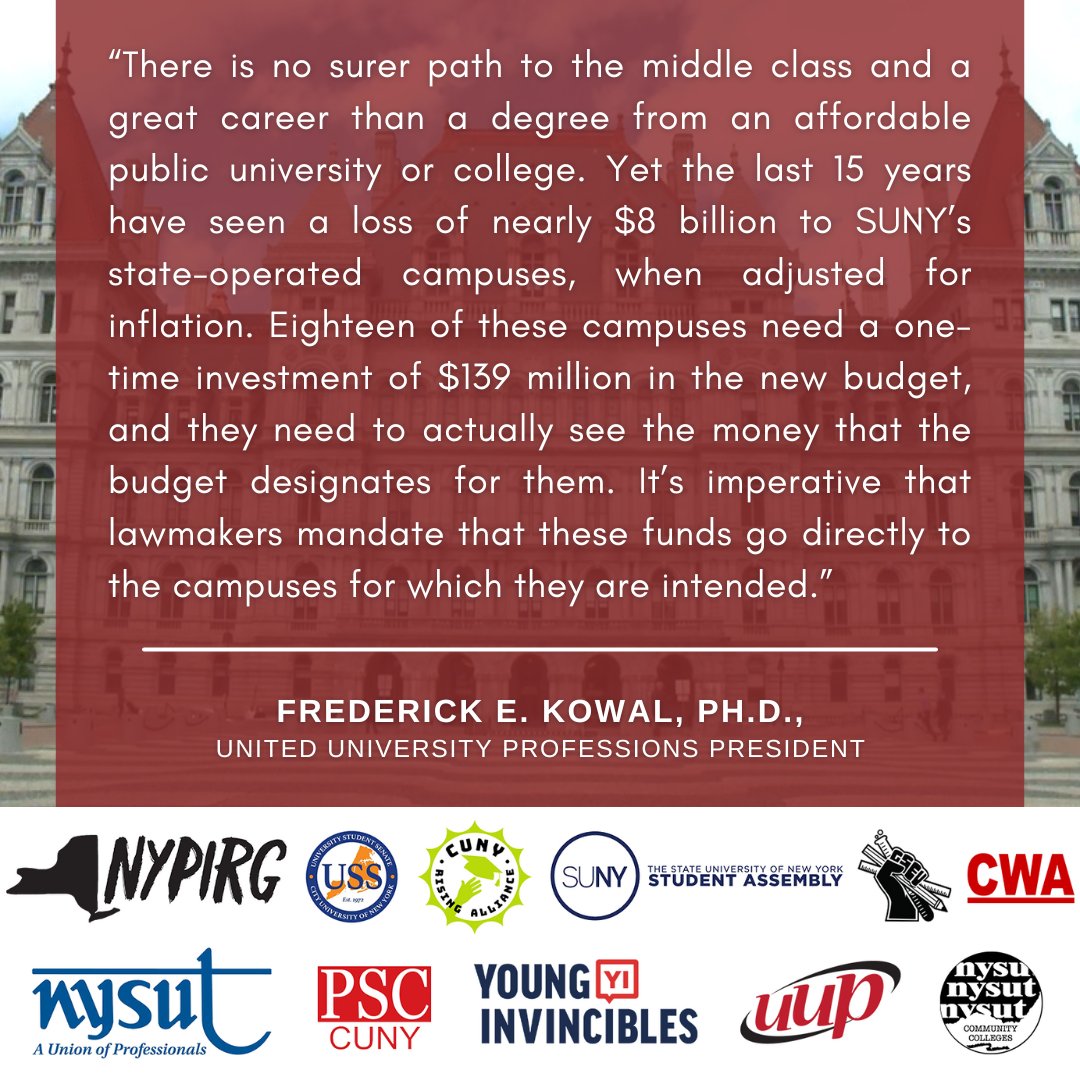 PSC_CUNY's tweet photo. “There is no surer path to the middle class and a great career than a degree from an affordable public university or college.” - @UUPinfo President Fred Kowal #FundSUNY #FundCUNY #HEAD2024
Read more: https://t.co/YpkEj0Wa7R https://t.co/MpZqenOfWa