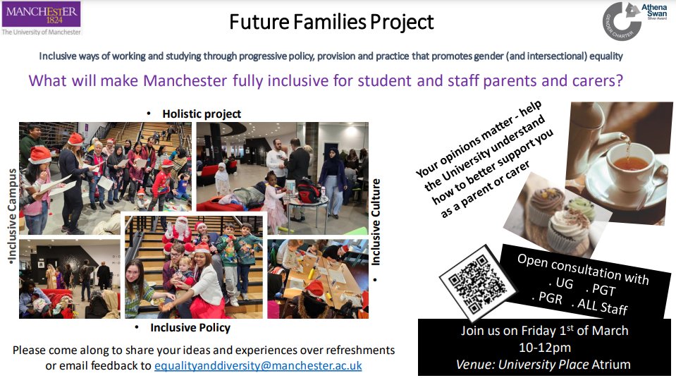 📢Calling all staff and students! We want you to have your say in making Manchester an inclusive place to be for parents and carers. Come and find out more TOMORROW 10AM-12PM at the University Place Atrium over light refreshments. @UoMEandD