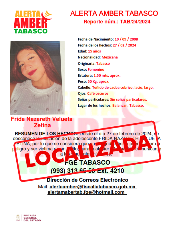 Personas Desaparecidas Tabasco, desactiva cédula de alerta amber a nombre de la adolescente FRIDA NAZARETH VELUETA ZETINA.