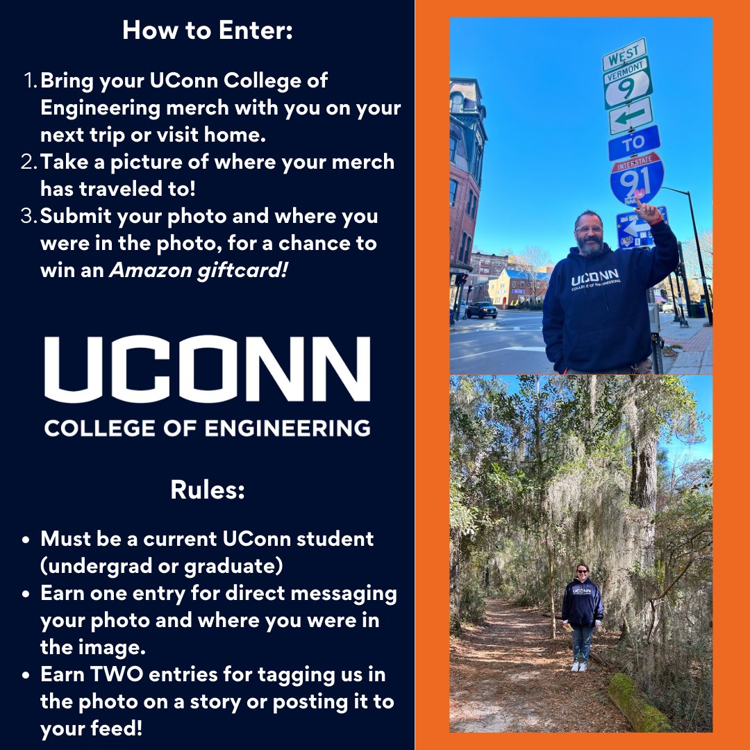 Show off your UConn College of Engineering pride from the farthest corners of the globe for a chance to win big! 📷📷 By March 18th, submit your pics in UConn Engineering merch and let's see just how far our Husky family reaches! #UConnEngineering #GlobalHuskies #UConn📷📷