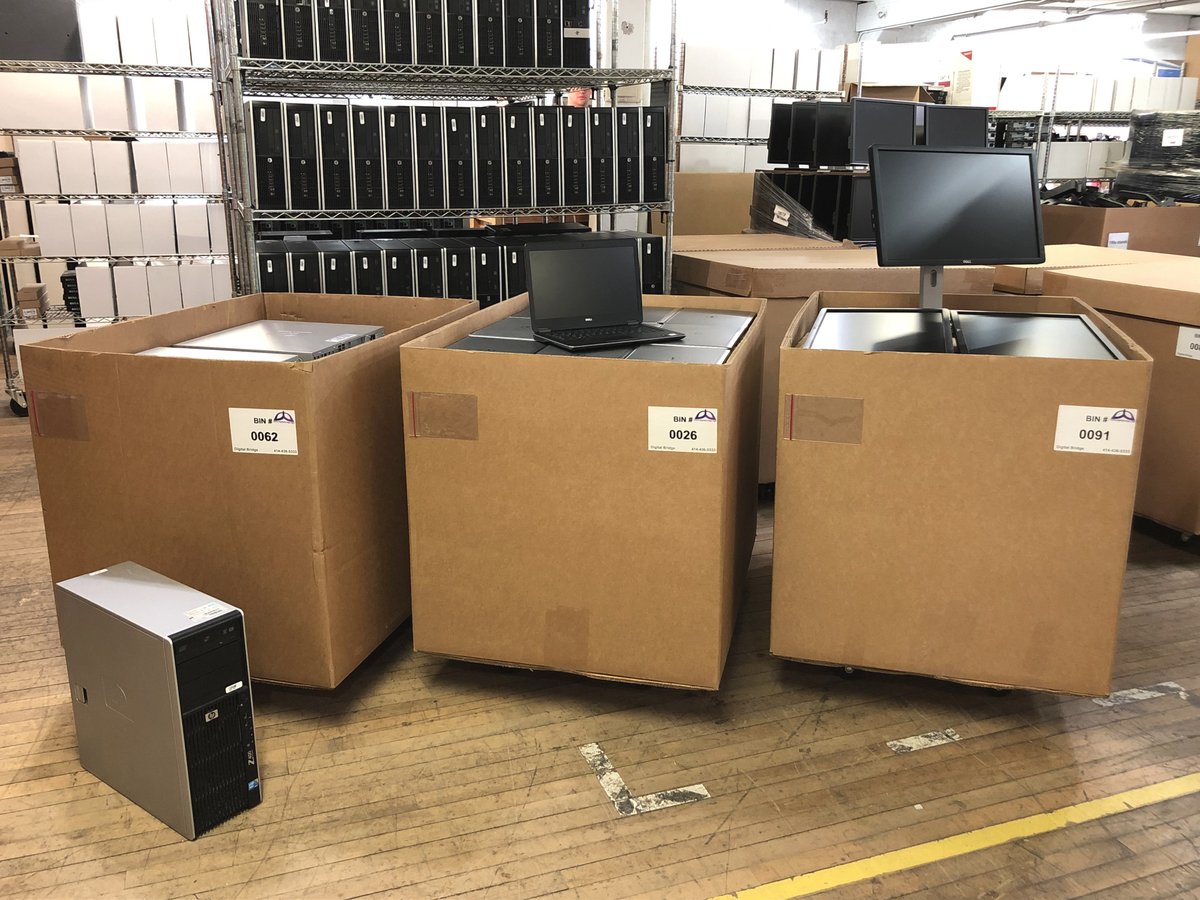 DigiBridgeNGO's tweet photo. At Digital Bridge we have several ways we can collect your e-waste. We can come to you and pick it up with our handy rolling bins, or you can ship it to us either on pallets or through UPS. Oh, and did I mention it's 100% FREE?!?! https://t.co/ufVZnC4aFw