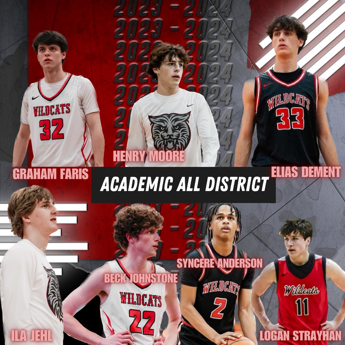 Congrats to the following young men for their success in the classroom. Academic All District! 🏀🐾 @graham_faris @Henrymoore214 @elias_dement @ila_jehl @johnstone_beck1 @_Syncere1 @LoganStrayhan11