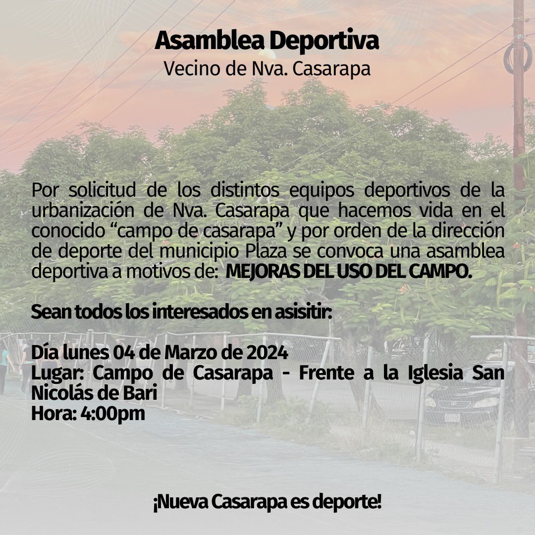 OkoRunners's tweet photo. Vecinos de Nva. Casarapa 👥

📍 Te invitamos a la ASAMBLEA DEPORTIVA para las mejoras del usos del campo.

¡Asiste!

#Guarenas #NuevaCasarapa https://t.co/4ZI3JaGPUN