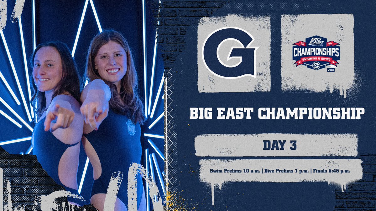 The Hoyas take on Day 3 of the BIG EAST Championship!! ⏰ Swim Prelims 10am | Dive Prelims 1pm | Event Finals 5:45 p.m. 📺 BIG EAST Digital Network 📍IUPUI Natatorium Day 3 Schedule 100 Fly 400 IM 200 Free 100 Breast 100 Back Women’s 3-Meter Dive 400 Medley Relay #HoyaSaxa