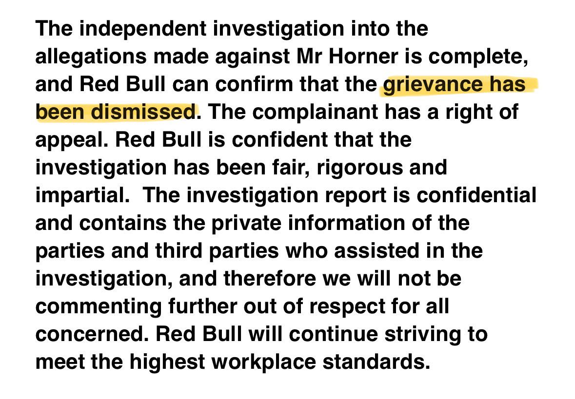 Red Bull never said he was innocent, they said the “grievance has been dismissed”.