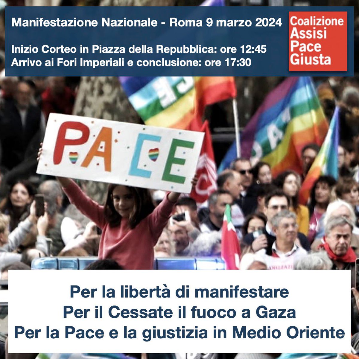 🟥9 MARZO IN PIAZZA A ROMA per la libertà di manifestare, per il cessate il fuoco a Gaza, per la pace e la giustizia in Medio Oriente 📍 Ore 12.45 corteo da piazza della Repubblica ai Fori Imperiali. ▶️ Info: tinyurl.com/4vzsxxfh