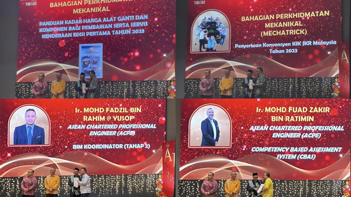 JKRWoksyop's tweet photo. 29 Februari 2024
Anugerah Pencapaian Istimewa (API) CKM Tahun 2023 Sempena Majlis Perjumpaan Pengurusan CKM Bersama Warga CKM Tahun 2024.
Pelbagai anugerah yg diterima oleh BPMek serta para pegawai. Syabas dan tahniah utk semua. Semoga pencapaian ini berterusan. #Ipjkr #ckm https://t.co/5uErpTHoTO