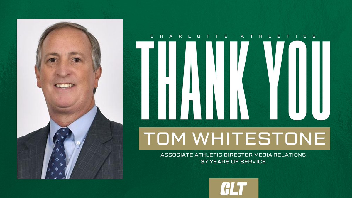We want to extend a HUGE Thank You to Tom Whitestone! After 37 years as the Charlotte 49ers Associate AD for Media Relations, he retires. You will be missed!💚 🔗: tinyurl.com/Tom-Whitestone #GoldStandard⛏️