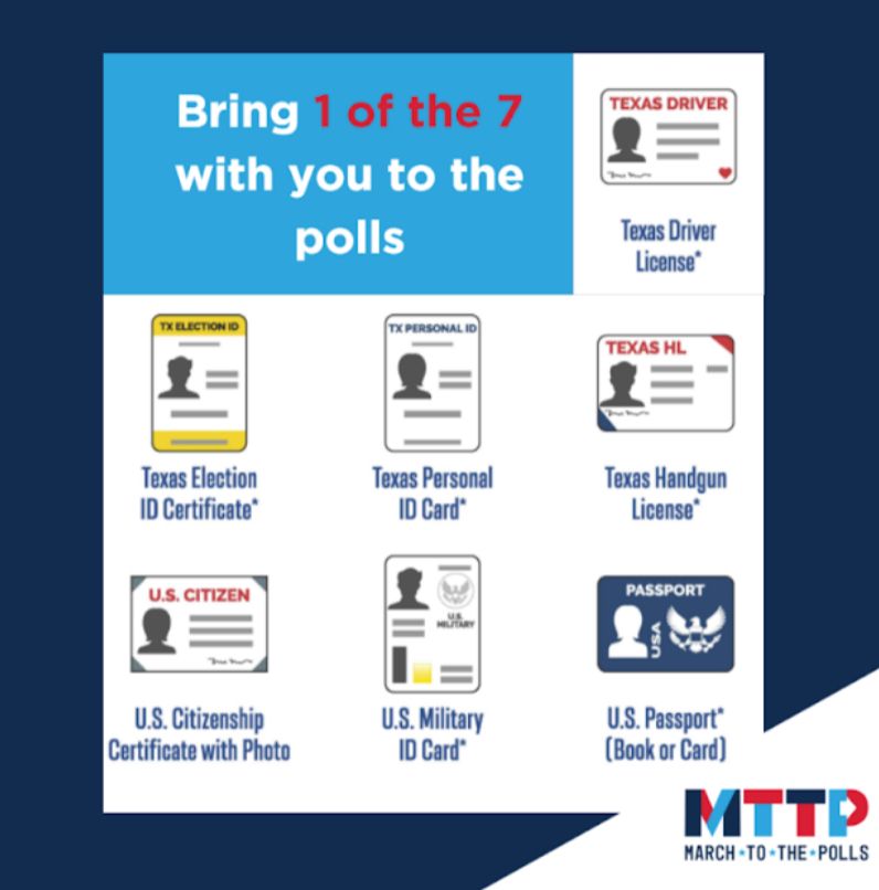 Are you vote ready? Here are some of the approved forms of ID to bring with you when you vote! For more information about valid forms of ID and other supporting forms of ID visit votetexas.gov.