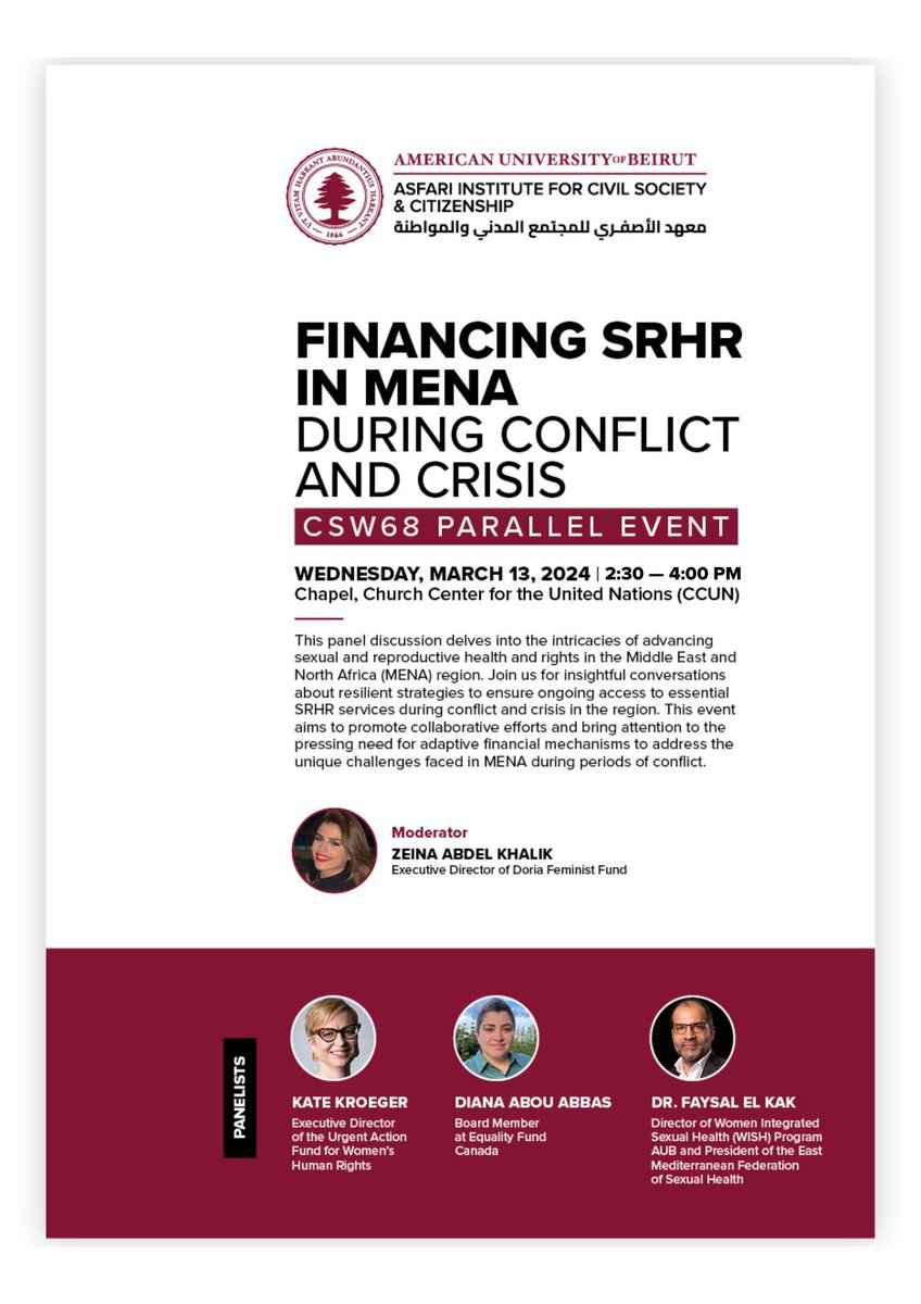 Glad to take part in #CSW68 #13March for an in-person Parallel Event at CCUN – a panel discussion exploring the complexities of advancing sexual and reproductive health rights #srhr #MENA @AsfariInstitute @AUB_Lebanon @FHS_AUB @UN @wish_aubmc Join if u r there