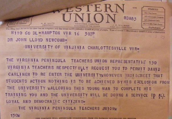 He was expelled from @UVA for passing out handbills “in the Colored section of town,” as the police report described it. He briefly became a cause celebre.