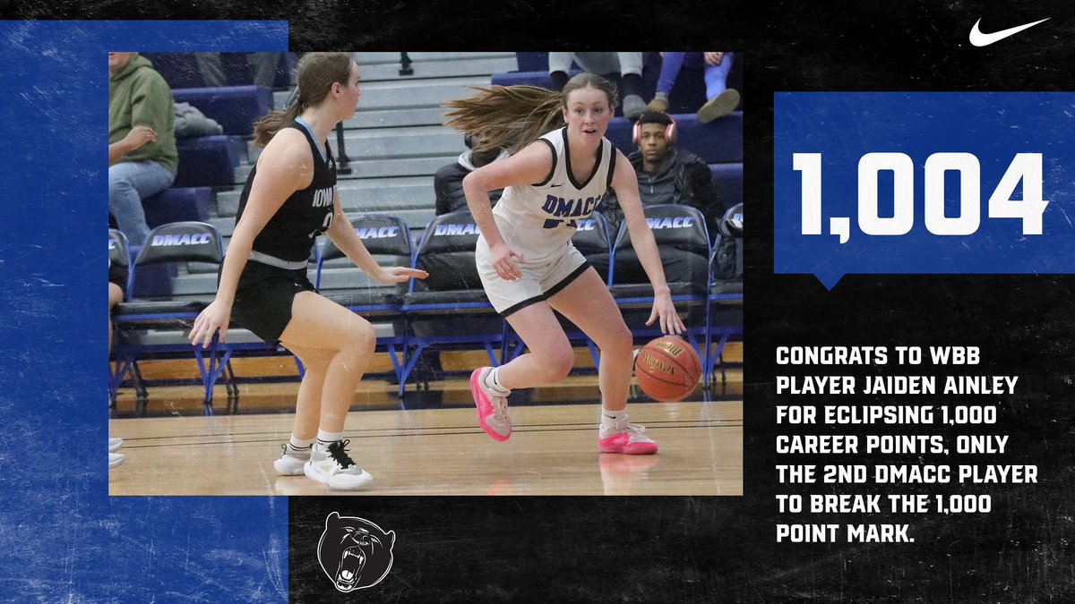 DMACCAthletics's tweet image. Congrats to @DmaccWBB player Jaiden Ainley for eclipsing the 1,000 point mark in last nights game vs. NIACC. Ainley is only the 2nd player to achieve that feat.   We are proud of you Jaiden!!! #bearnation 🐻🔽