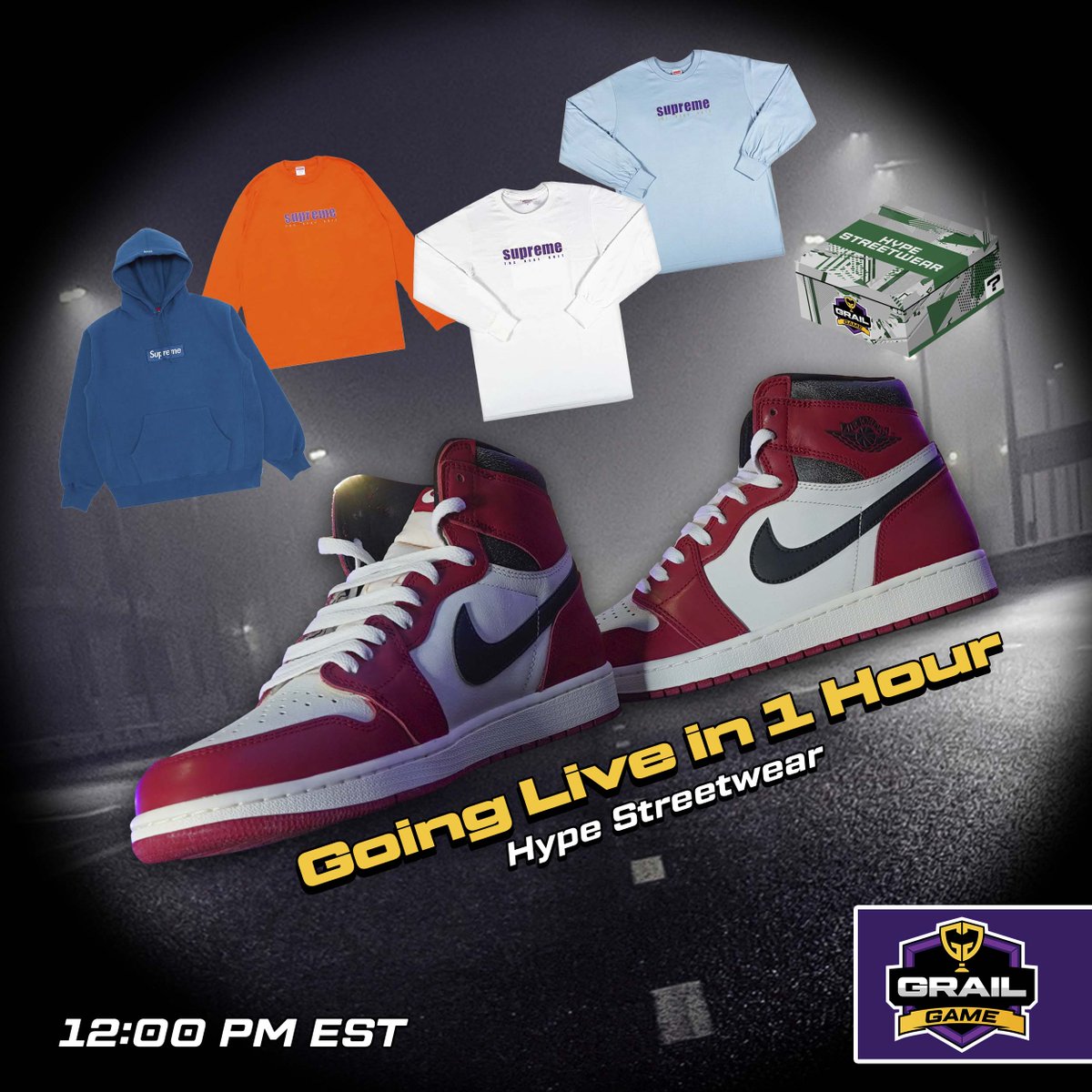 #GrailGamers! #SneakerHeads! Going Live in 1 Hour! 💥⁠ ⁠HYPE Streetwear #MysteryBox Game! 🎮️ is Goes LIVE at 12:00pm EST! 🎉⁠ ⁠ 

This one is for the #Fashionista, #Sneakercollectors, and #Supreme fans, because it features some of the Hottest 🔥 apparel in #Streetwear…