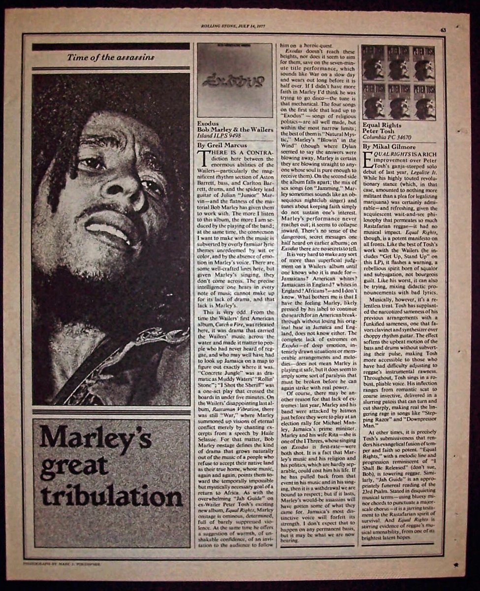 MARLEY’S GREAT TRIBULATION Check out this scathing 1977 album review of EXODUS by @rollingstone magazine music critic. 🤨 See excerpts here: “There is a contradiction here between the enormous abilities of the Wailers - particularly the magnificent rhythm section of Aston