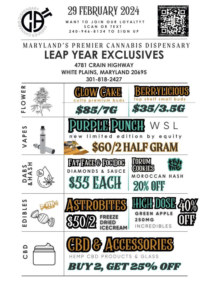 ChesapeakeApoth's tweet photo. View your LEAP DAY Exclusives @ Chesapeake Apothecary OG in White Plains, Maryland!
https://t.co/6Pn1ku6TYO
MCA Patients 18+ or Adults 21+ only https://t.co/ikClP5Bvro