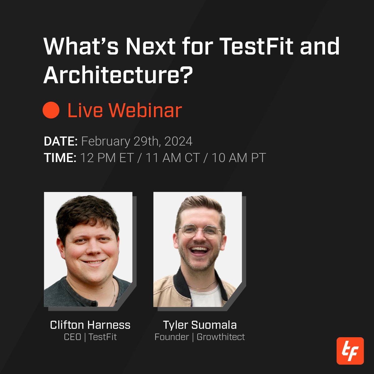 TestFitInc's tweet image. Starting in 1 hour ⏰ What’s Next for TestFit and Architecture

Join Clifton Harness of TestFit and Tyler Suomala of Growthitect for a fireside chat about the next big thing in architecture.

Sign up here: hubs.ly/Q02mhGjP0

#webinar #realtimeai #architects #architecture