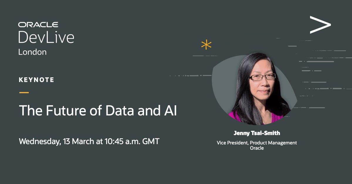OracleDatabase's tweet image. Catch Jenny Tsai-Smith at #OracleDevLive in London to learn more about the future of data and AI. Register now at social.ora.cl/6015XHpCz.