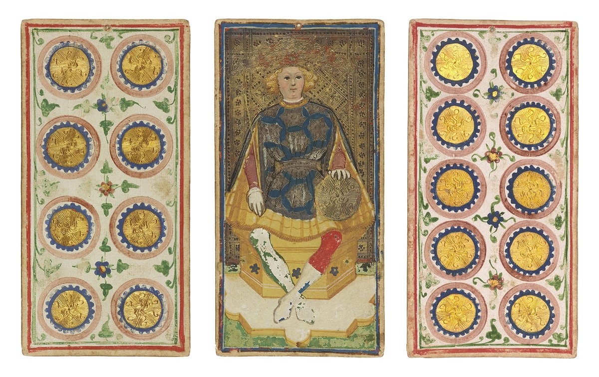 Let’s play a game! Here, coins are one of the four suits in a deck of playing cards commissioned by Francesco Sforza, a condottiere (mercenary leader) who became duke of Milan. Appropriately, the enthroned King of Coins holds a huge gold coin as well as a scepter.