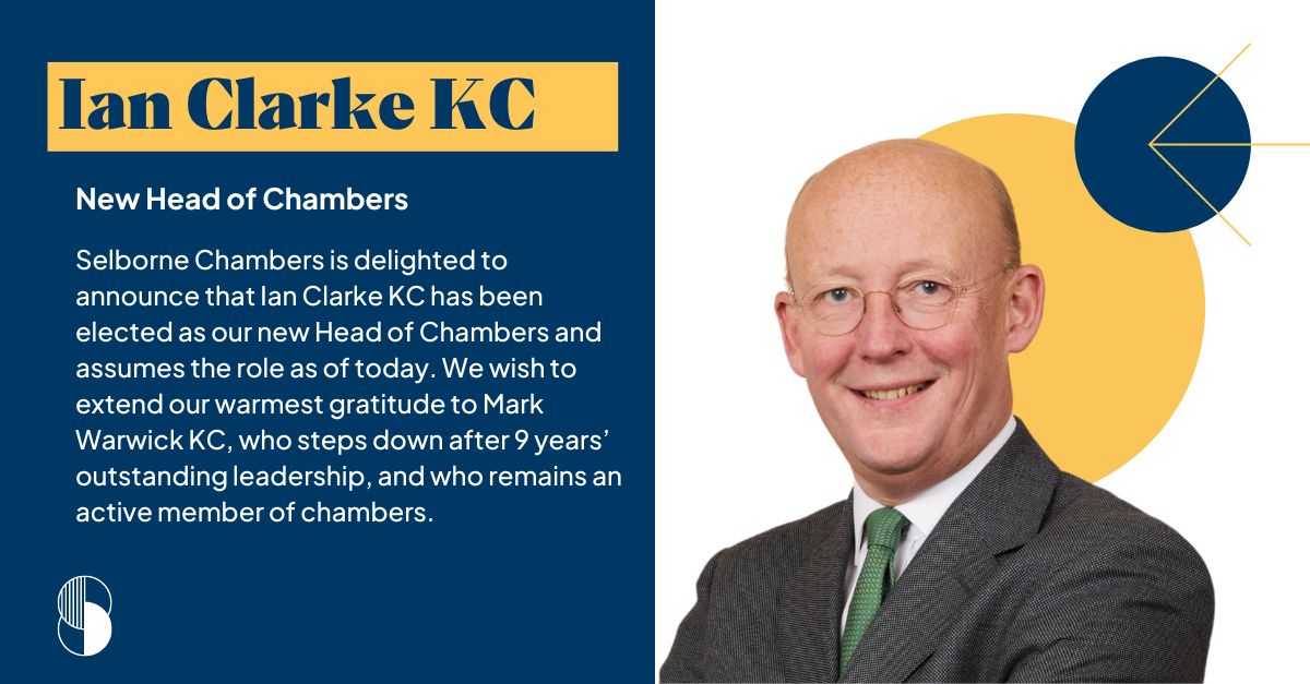 Selborne Chambers is delighted to announce that Ian Clarke KC has been elected as our new Head of Chambers and assumes the role as of today, 29 February. Ian takes over from Mark Warwick KC, who remains in full-time practice.

selbornechambers.co.uk/selborne-chamb…