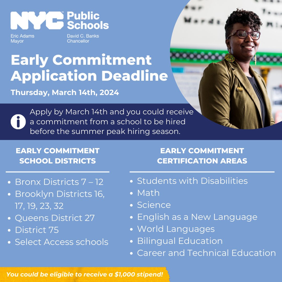iteachnyc's tweet image. 👀Did you know? With our Early Commitment program, qualified candidates may be eligible to receive a commitment from a school to be hired before the summer peak hiring season! Apply by March 14th to be eligible: bit.ly/teachnycapp-x