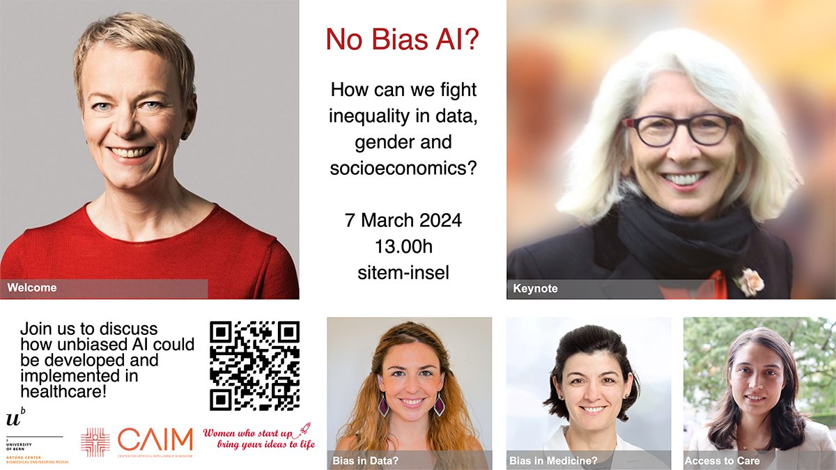 Burning to discuss #bias in #artificialintelligence? Next Thursday, we will do just that at the Center for #AIinMedicine with a lineup full of female expertise from life sciences, healthcare, engineering and gender equality. Last-minute registrations: caim.unibe.ch/daim_nobiasai