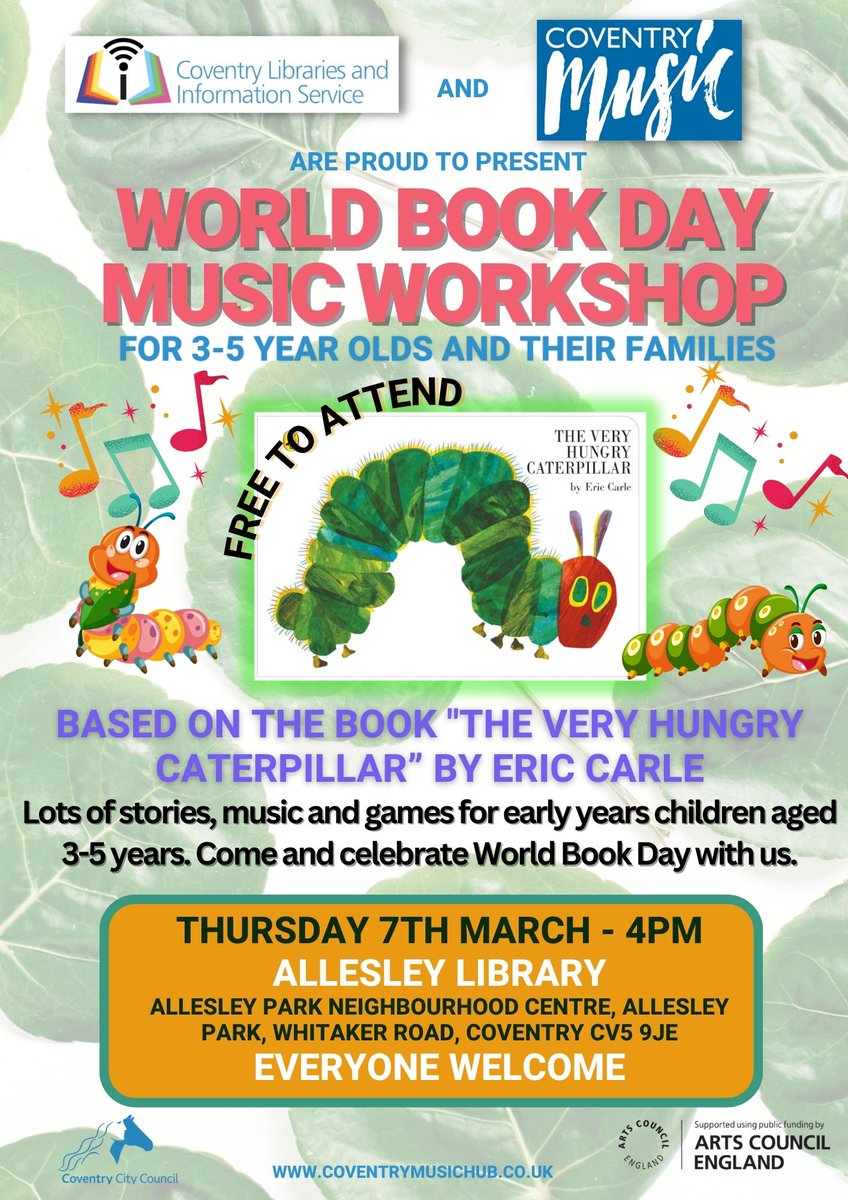 1 week to go to World Book Day 2024. We are excited, and will be running a fantastic workshop at Allesley Library based on our favourite book. Free to attend, suitable for Early years children and their familes. No need to book. #CoventryMusic #WorldBookDay2024 #EarlyYearsProject