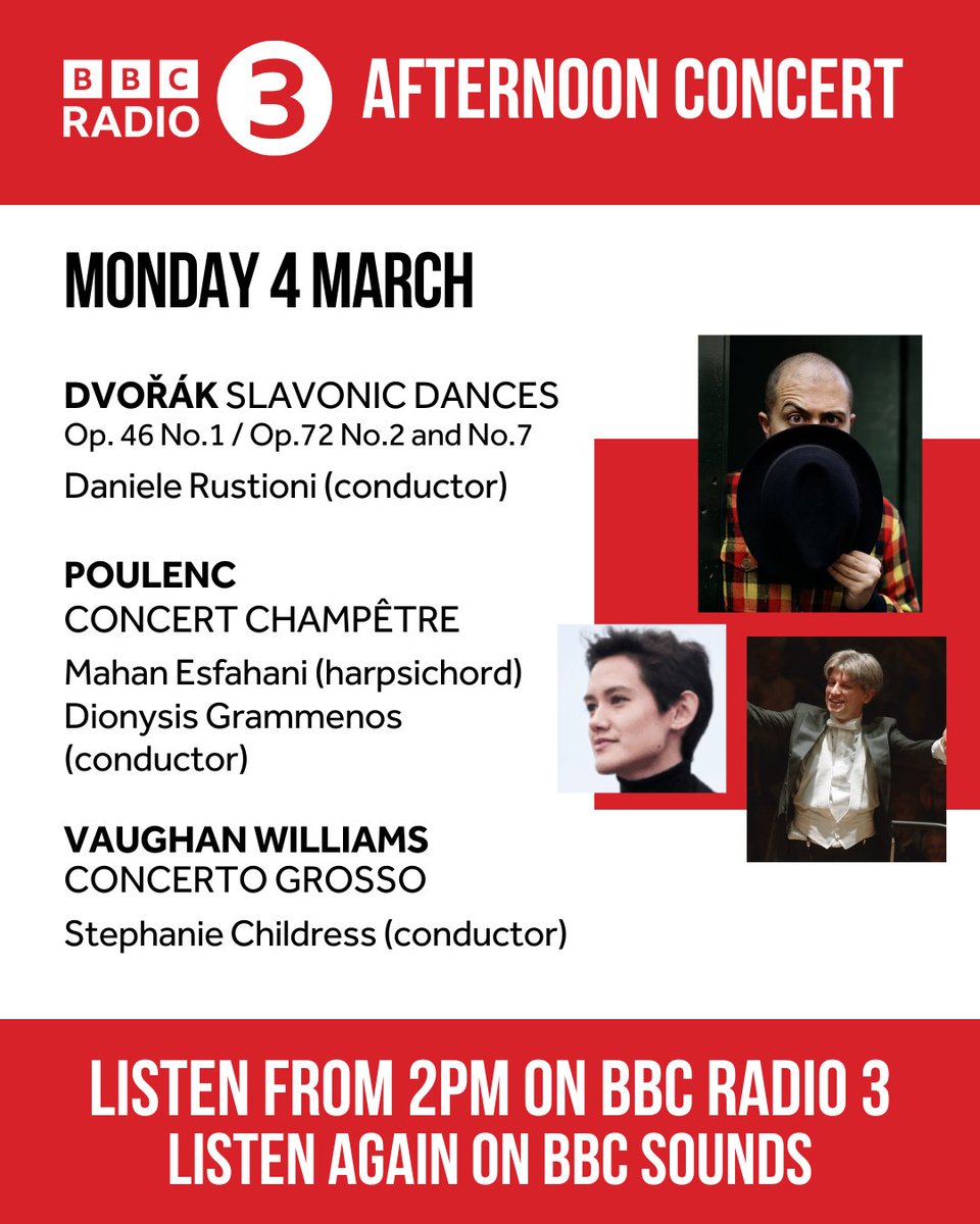 Today from 2pm, @BBCRadio3 Afternoon Concert features three pieces from the Ulster Orchestra: 1️⃣ Poulenc with @MahanEsfahani + @DionysisGrammen, 2️⃣ Dvořák with Daniele Rustioni, and 3️⃣ Vaughan Williams with @schildress_. 🔊 bbc.co.uk/programmes/m00…