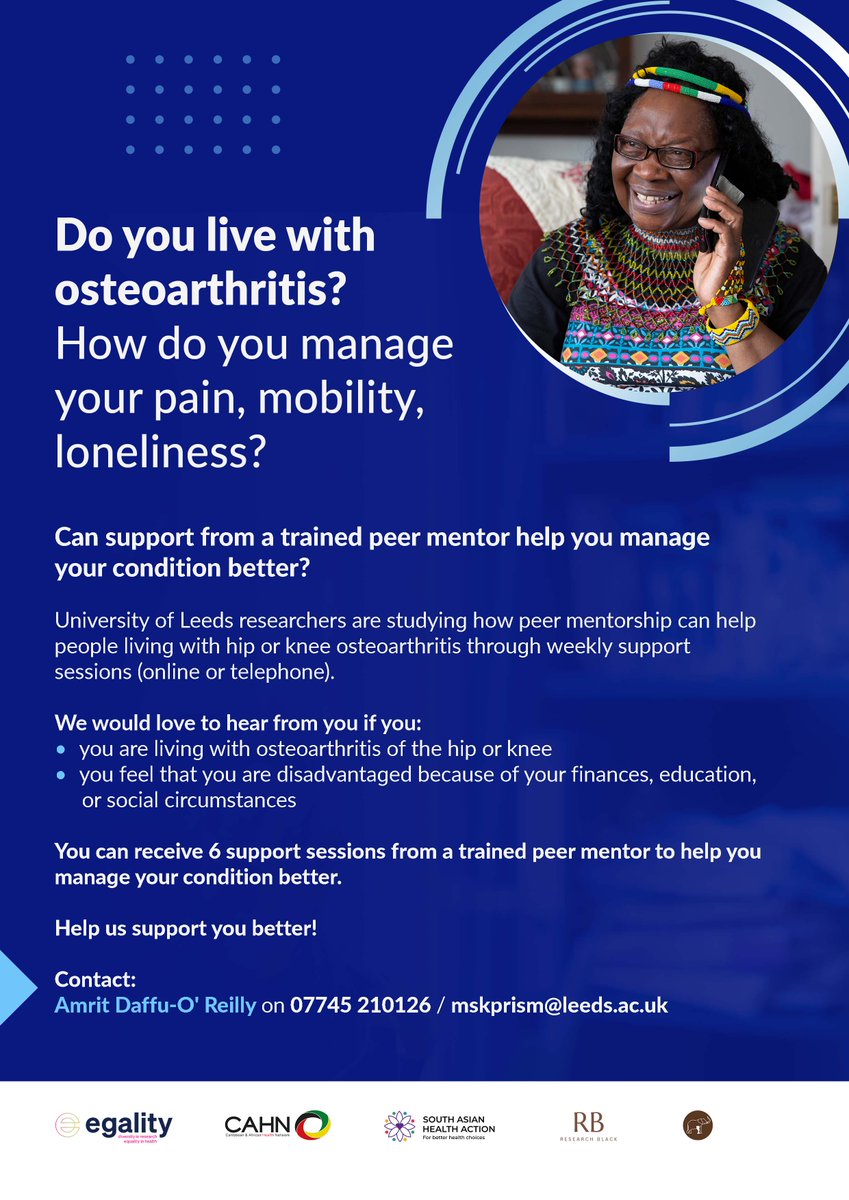 Caribbean & African Health Network (@cahn_uk) on Twitter photo Do you or someone you know have #osteoarthritis? Would you like to receive FREE #peer #mentorship?
<a href="/UniversityLeeds/">University of Leeds</a> wants to work with #diverse #participants to support you with your #OA better! #ArthritisPeerMentor
<a href="/UniversityLeeds/">University of Leeds</a> <a href="/UniLeedsPRISM/">UniLeedsPRISM</a> <a href="/EgalityHealth/">Egality Health</a> <a href="/SAHealthAction/">SAHA UK</a> Do you or someone you know have #osteoarthritis? Would you like to receive FREE #peer #mentorship?
<a href="/UniversityLeeds/">University of Leeds</a> wants to work with #diverse #participants to support you with your #OA better! #ArthritisPeerMentor
<a href="/UniversityLeeds/">University of Leeds</a> <a href="/UniLeedsPRISM/">UniLeedsPRISM</a> <a href="/EgalityHealth/">Egality Health</a> <a href="/SAHealthAction/">SAHA UK</a>