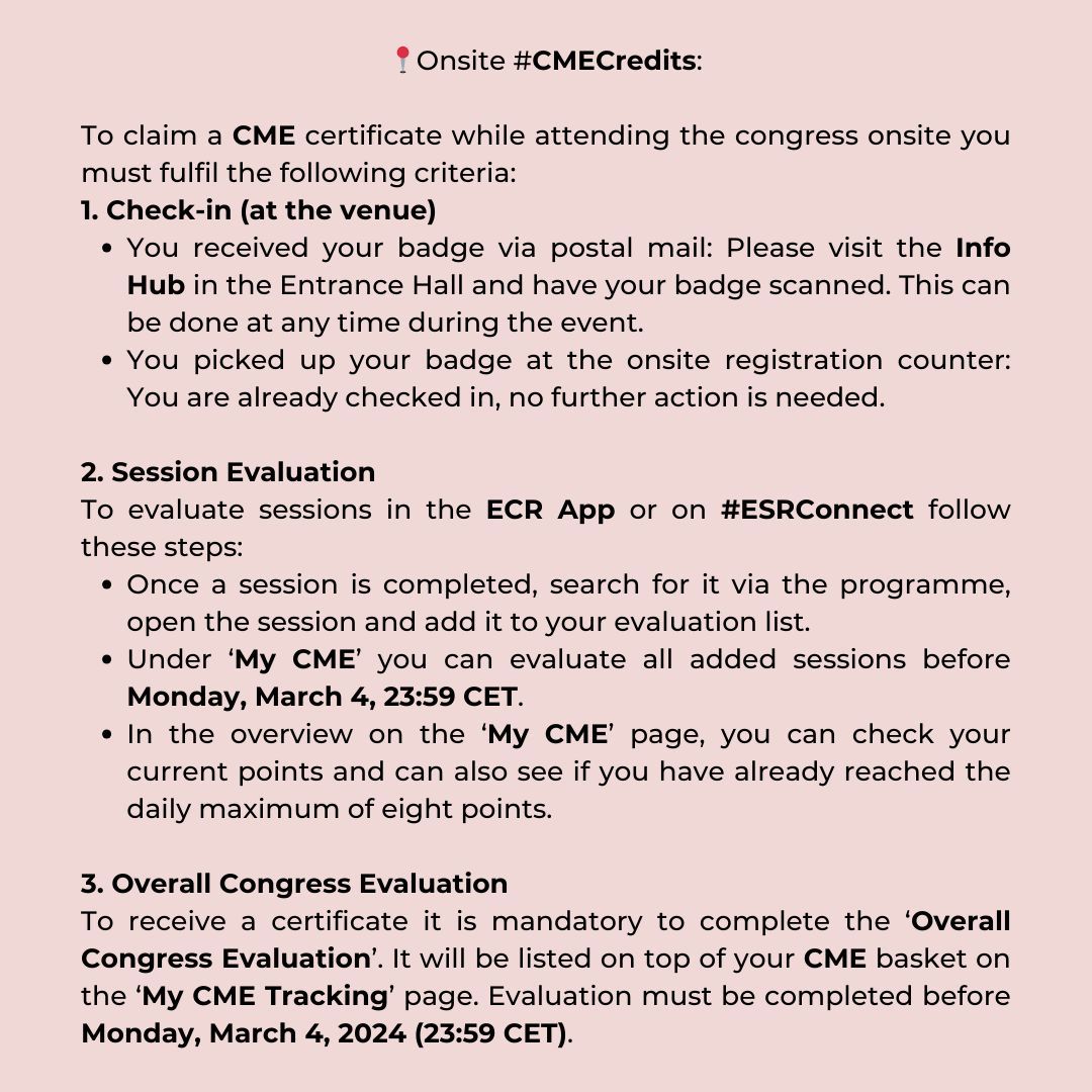 myESR's tweet photo. 📚Ready to earn #CMECredits at #ECR2024? Here's how: Attend sessions onsite or online, then after the congress, grab your CME certificate from the ‘My Certificates’ section on the #ESRConnect website. 🎓Your certificate, available by March 6, 2024, tallies up your earned credits! https://t.co/vJlSBosvme