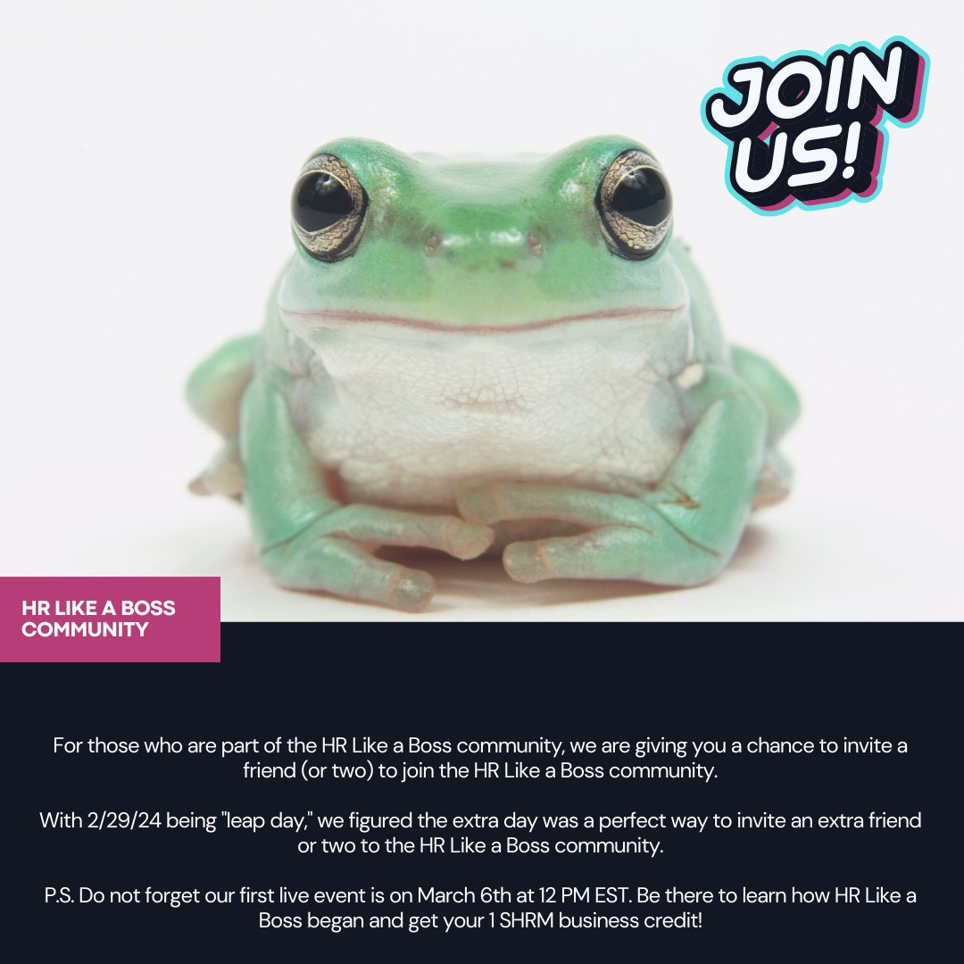 🐸ARE FROGS CUTE?🐸

Either way, we thought it was cute to give HR pros something free on this EXTRA day.

Today only, all members of the HR Like a Boss community can refer a friend to join the community for FREE. Just add a COMMENT to this post, and we will get you the details.