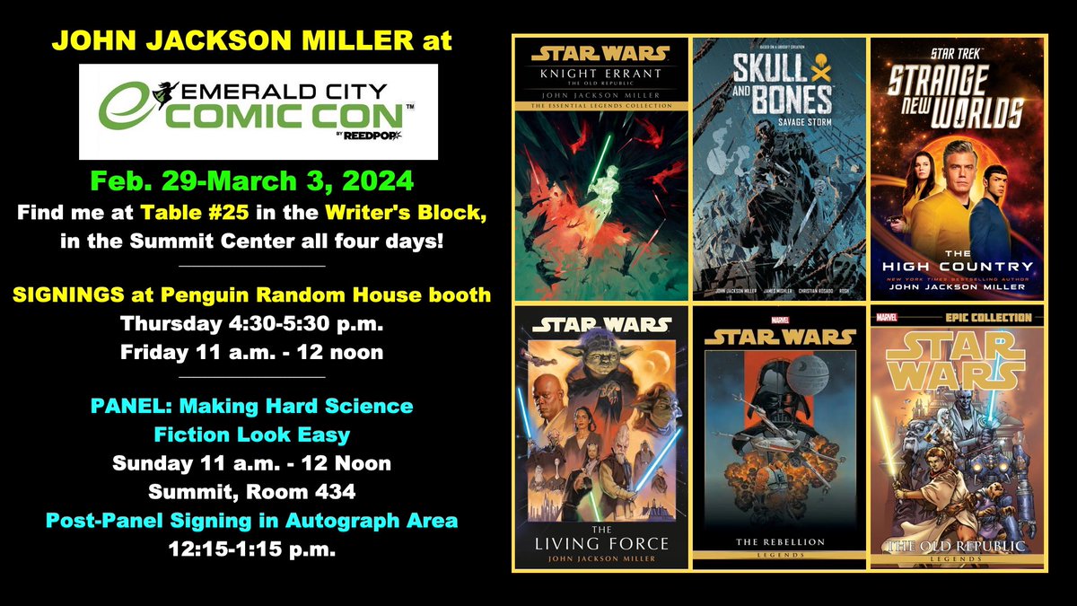 Opening day at @emeraldcitycon! Find me at Writers Block table #25 in the Summit Center. At the @StarWarsByRHW booth #20515 I’m signing from 4:30-5:30 with free LIVING FORCE posters while they last. And @ubookstoresea across from Writers Block has plenty of my titles! Drop by!