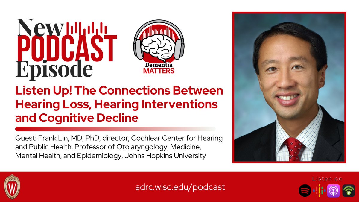 Interested in how hearing loss impacts dementia risk? Tune into this week's episode of #DementiaMatters! @DrFrankRLin joins the podcast to discuss the relationship between hearing loss and dementia and to share findings from the ACHIEVE study. Listen 🎧 go.wisc.edu/v787j9