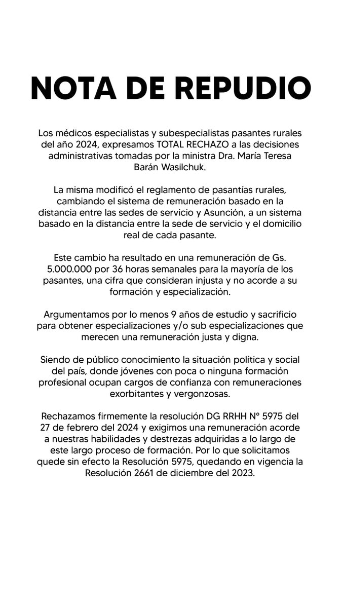 Los #MedicosRurales2024 no vamos a dejar q sigan pisoteando nuestros derechos y q el esfuerzo de tantos años de estudio sean en vano!!! <a href="/msaludpy/">Ministerio de Salud</a> <a href="/InstitutoPy/">Instituto Nacional de Salud Py</a> exigimos respeto, q la resolución N° 5975 quede sin efecto, salario justo como especialistas y suboecialistas que somos!!