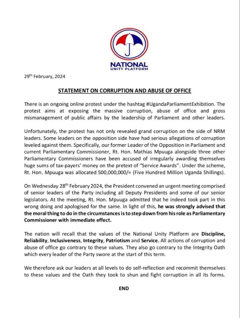 Radio4UG's tweet photo. BREAKING: Hon. Mathias Mpuuga has been asked to step down as a Parliamentary Commissioner.
Details in the statement below๐
#4Update || #Radio4UG https://t.co/qGg6cAt9xe