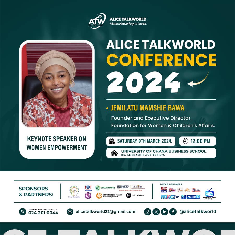 🎙️ Honored to have Jemilatu Mamshie Bawa
 Founder and Executive Director of Foundation for Women and Children Affairs, take the stage as our keynote speaker on Women Empowerment at the Alicetalkworld Conference 2024!