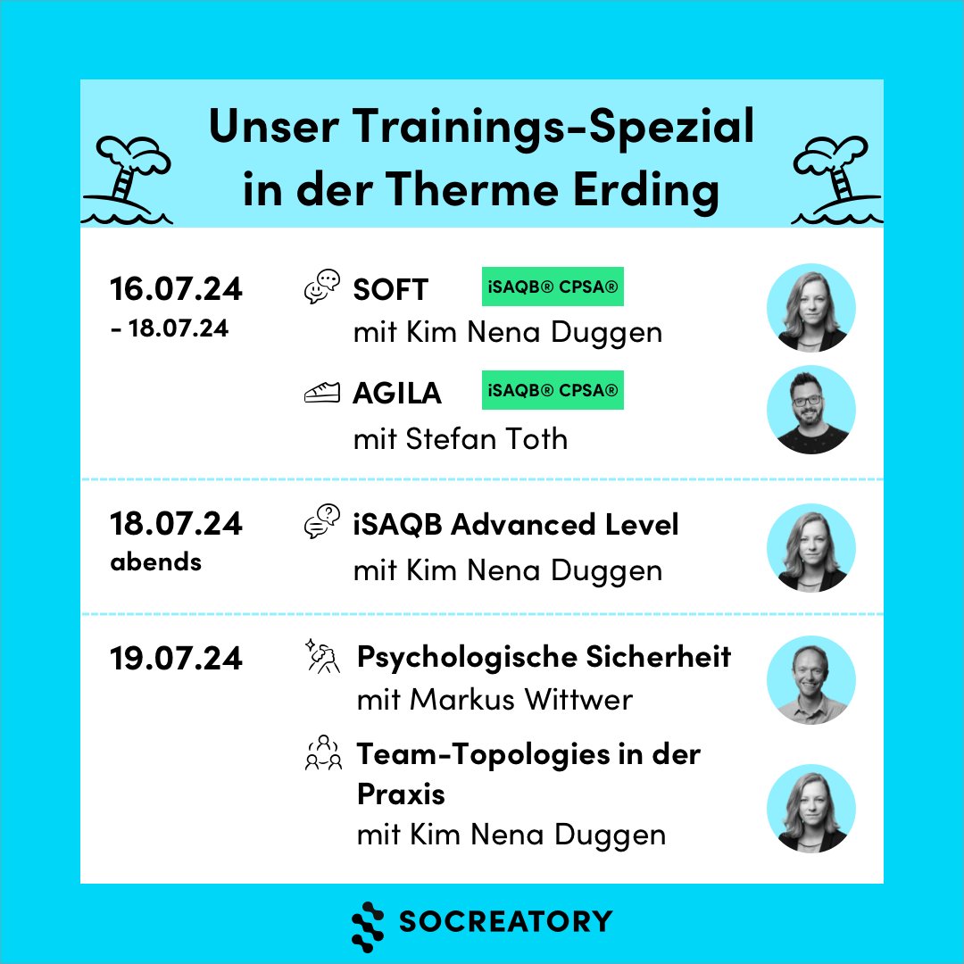 Unser Trainings-Spezial in der Therme Erding vom 16. bis 19.07.24. iSAQB CPSA-A-Trainings mit @KimDuggen und @st_toth, Fragestunde zur CPSA-A-Zertifizierung und zwei 1-Tages-Workshops mit @KimDuggen und @MarkusWittwer. socreatory.com/news/erding-sp… 🐣 Early-Bird bis 21.04.24.