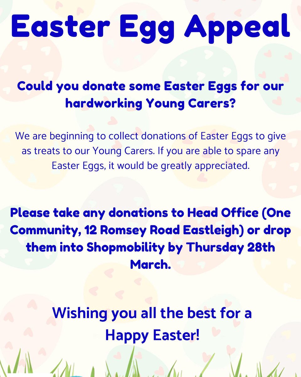 🌟 Join One Community's Easter Egg Appeal! Donate an egg at One Community HQ or Shopmobility Eastleigh by March 28th. Let's spread joy to young carers! 🥚🐰 #EasterEggAppeal #YoungCarers