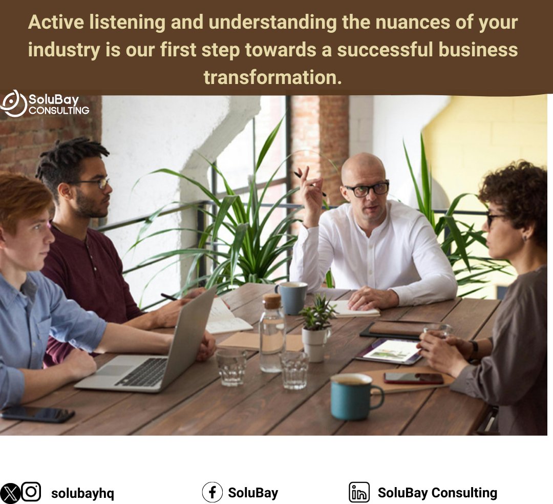 At SoluBay Consulting, we kickstart every project by diving deep into our clients' unique needs. Active listening and understanding the nuances of your industry is our first step towards a successful business transformation. #ClientFirst #BusinessTransformation