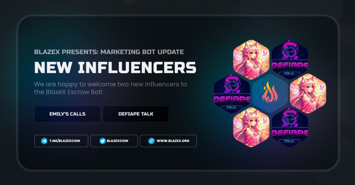 2 New Services added in our Escrow Bot!

We are happy to announce that we have integrated two new influencers into our EscrowBot.

We are welcoming @EmilyCrypto and @DeFiApeTalk to the BlazeX Escrow Service. 

If you want to book any kind of marketing for your token, you can