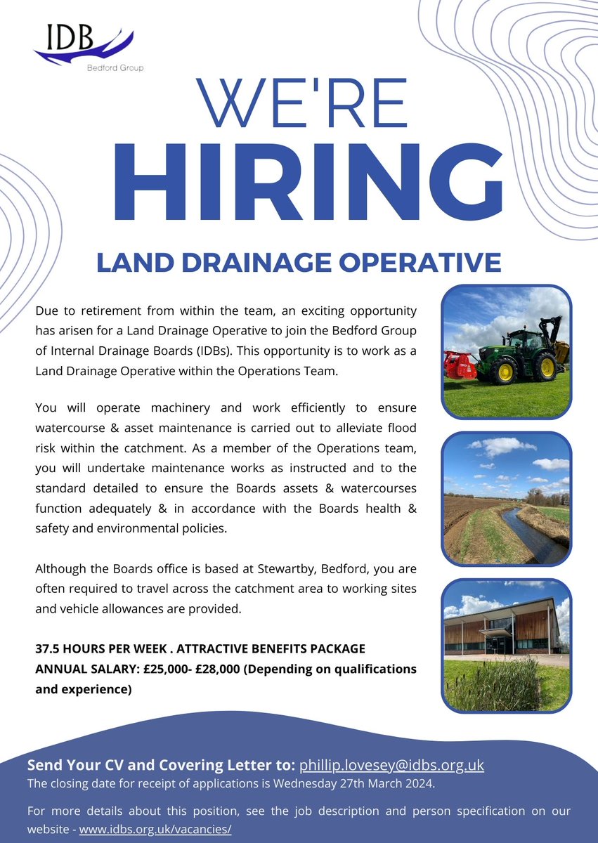 JOIN OUR TEAM. We are #recruiting a Land Drainage Operative to join the Bedford Group's Operations Team. Interested? Download a full Job Description at idbs.org.uk/vacancies/ DEADLINE ON 27/03 #jobs #careeropportunities