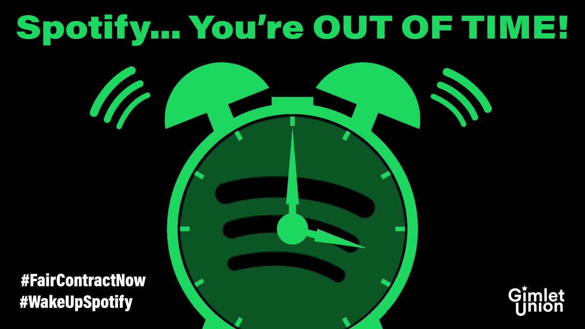 Wake up, @Spotify! Our @GimletUnion contract expires in HOURS. We need meaningful, above-inflation pay increases in order to close a deal. We need some notice of layoffs. We need checks on A.I. These aren't unreasonable asks for a company with a $50B market cap