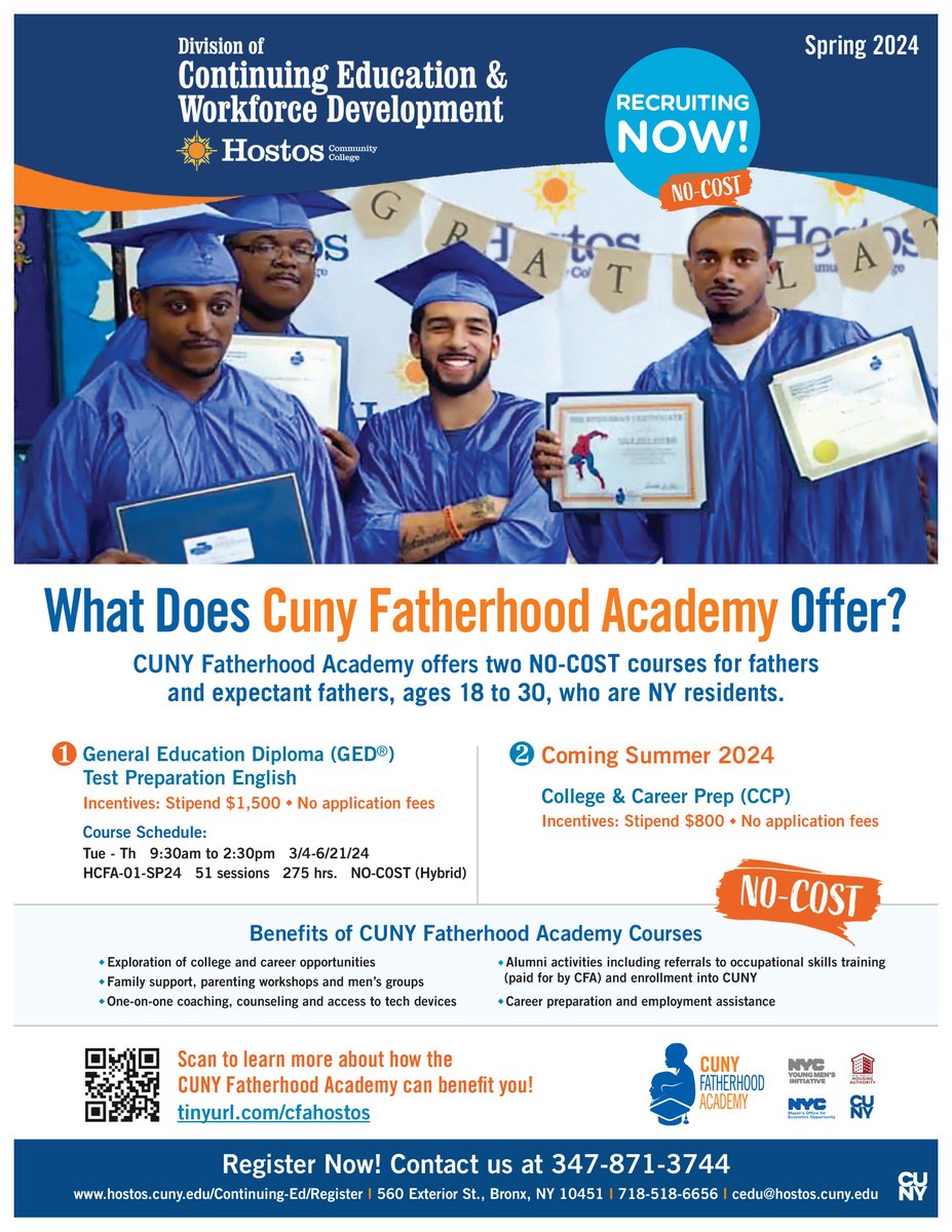Free opportunity for NY fathers aged 18-30!
Receive a stipend of $1500 as you finish this GED Test Prep course. Career guidance provided. 
#hostoscc #hostosconted #continuingeducation #gettrainedgethired #fatherhood #cunyhostos #cuny