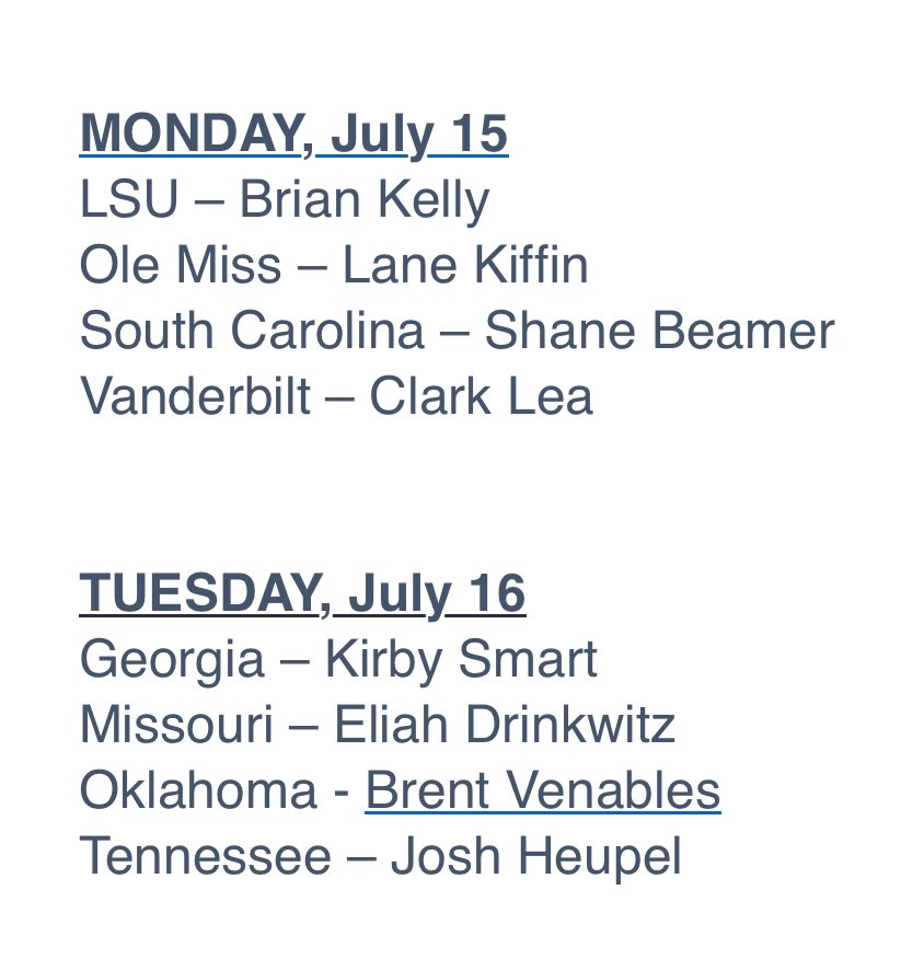 Ben Portnoy on X: "The SEC Media Days appearance schedule is out. First  time Oklahoma and Texas will be involved. The event will also be held in  Dallas for the first time