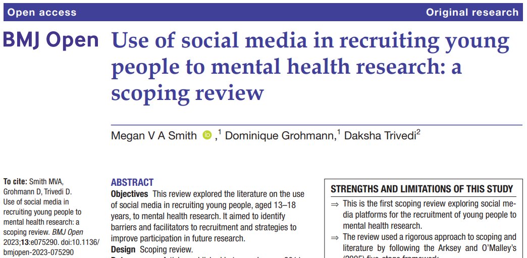 As part of the <a href="/READYTrial/">The READY Trial</a>, we conducted a review into the effectiveness of social media in recruiting young people to mental health research. Published in @BMJOpen, you can read our paper here: bmjopen.bmj.com/content/13/11/……

@CRIPACC1 <a href="/UH_HSK/">uk</a> <a href="/uniofhertslms/">uh</a> <a href="/DakshaTrivedi/">Prof Daksha Trivedi</a> <a href="/meghan_s9/">Megan</a>