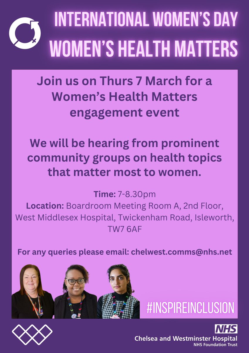 Join key leaders and representatives from local community groups for a Women's Health Matters engagement event we are hosting to celebrate International Women’s Day 🚺 📅 Thursday 7 March ⏰ 7-8:30pm 🏥 West Mid hospital #inspireinclusion #IWD2024