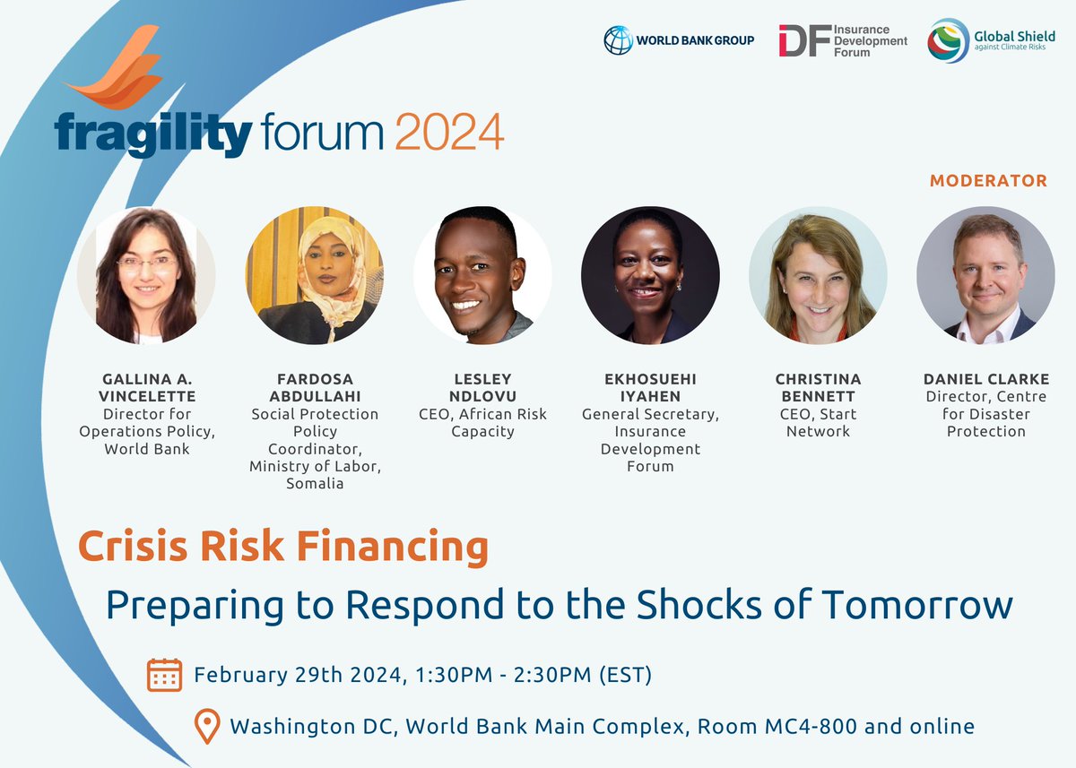 📢 Last chance to register for today’s #FragilityForum session on #crisis #risk #financing moderated by Daniel Clarke with input from Gallina A. Vincelette, Fardosa Abdullahi, Lesley Ndlovu, Ekhosuehi Iyahen, and Christina Bennett! Register here ➡️ worldbank.org/en/events/2024…