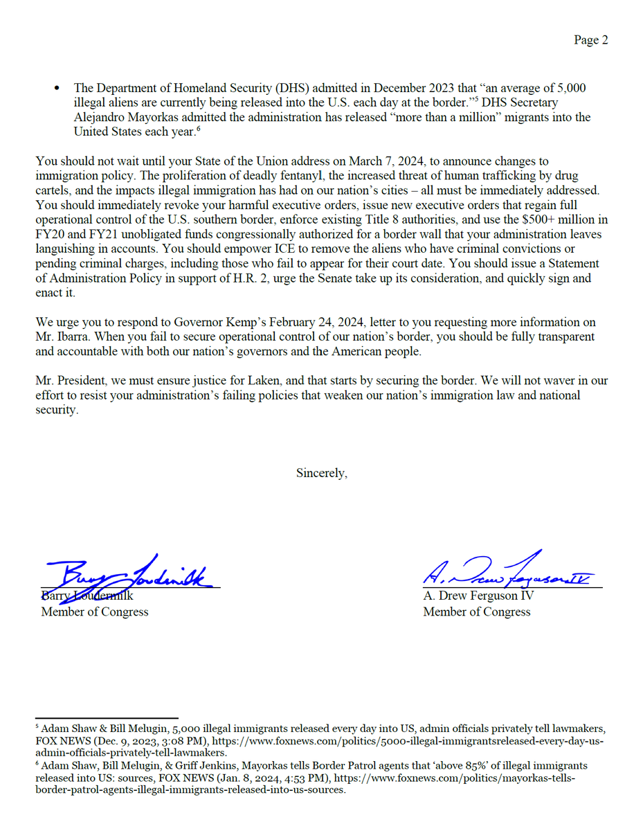 President Biden’s border policies have caused a national security crisis in our backyard, and it is far past time for him to secure the border and prioritize the safety of Americans. I joined the Georgia GOP delegation in sending a letter to Biden after the death of Laken Riley.