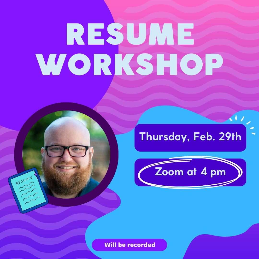 Good morning! Today at 4pm Kevin Fleck will be joining us on Zoom for a resume workshop! This is a great opportunity, you won't wanna miss it!