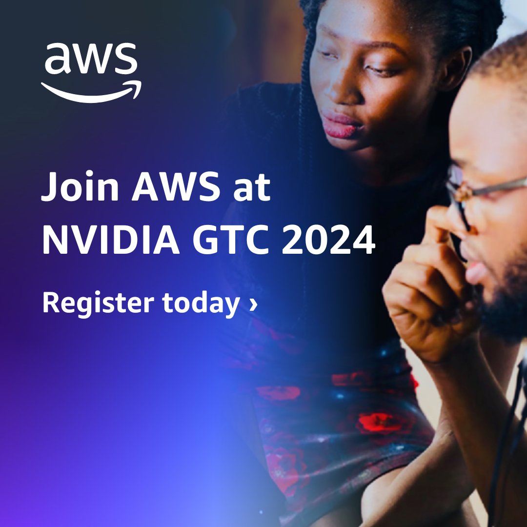 Are you as excited as we are for @NVIDIAGTC 2024? 🥳🙋🤖 Join #AWS at @nvidia #GTC24 for a variety of live demos & expert talks on #generativeAI featuring AWS Partners & customers. Register today for #AWS sessions: 🔗 go.aws/3wptnof We can't wait to see you there!
